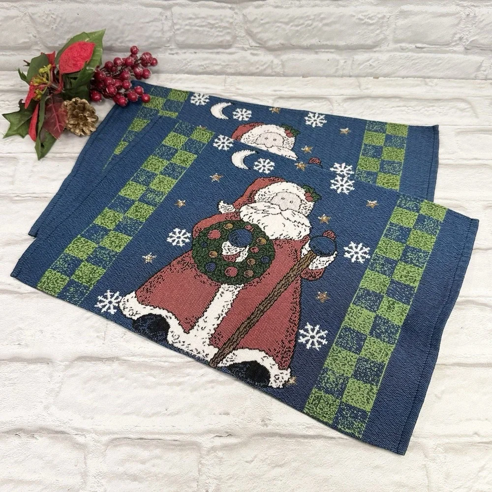 Vtg Tapestry Christmas Placemats Folk Art Santa Blue Green Plaid Cottagecore 2
